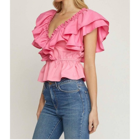 Entro Orange Ruffled Peplum Blouse. Size Small - Picture 10 of 12